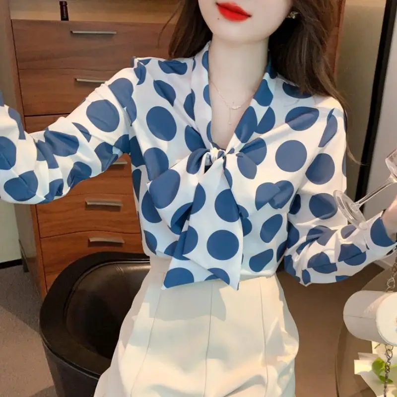 Printing Chiffon Bow Blouse Spring New Long Sleeve Polka Dot Loose All-match Office Shirt Tops Elegant Temperament Women Clothes