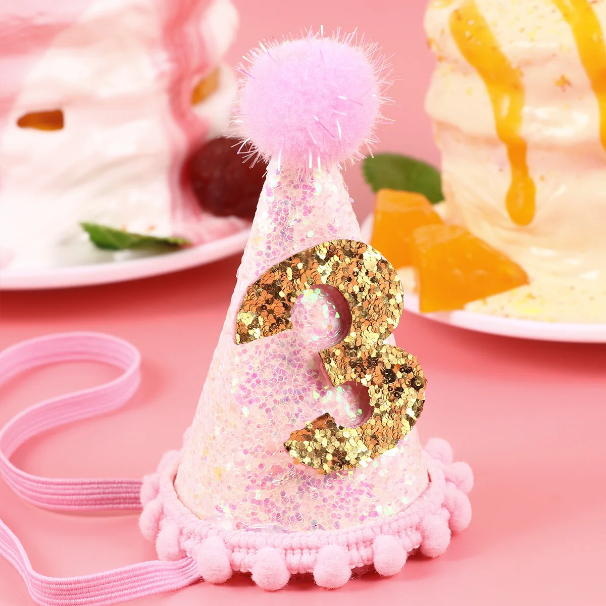 

's Birthday Hat Pink Three Years Old Glitter Party Decorative Hair Accessories Photo Props Birthday Hat
