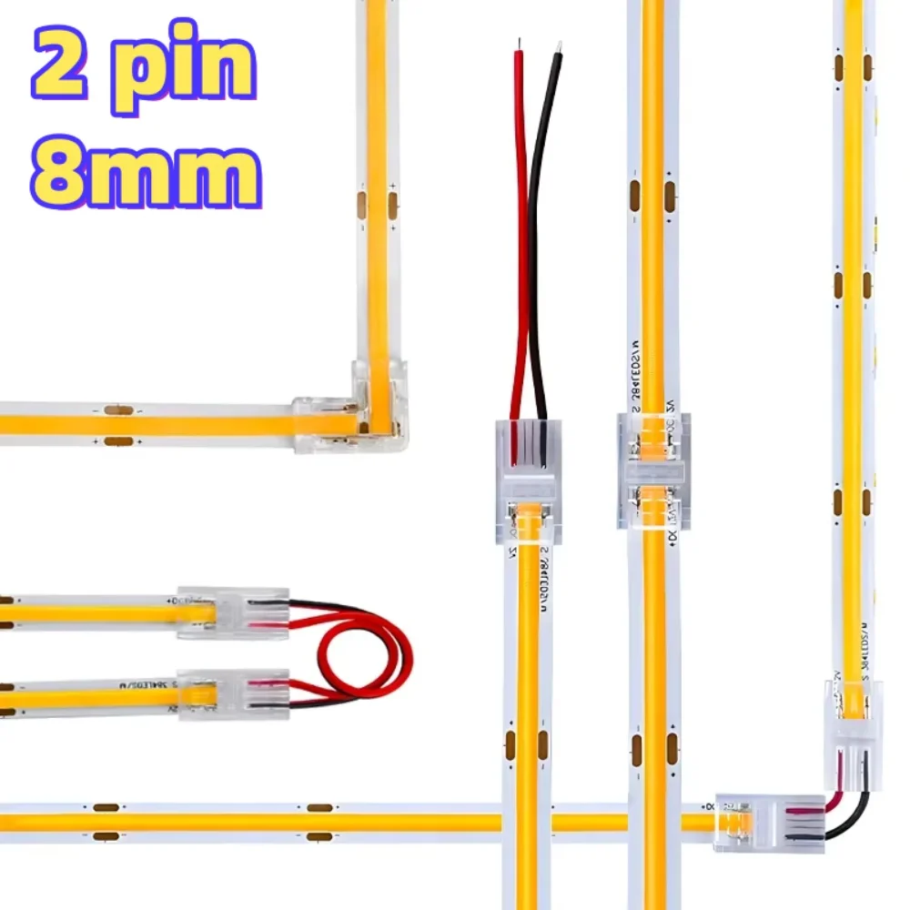Złącze COB 8mm 5-24V 2-pinowe do taśmy LED, przedłużacz z terminalem, złącza LED, klipsy mocujące do pinów, bez ciemnych miejsc, pojedyncze/dwustronne złącze. — 2