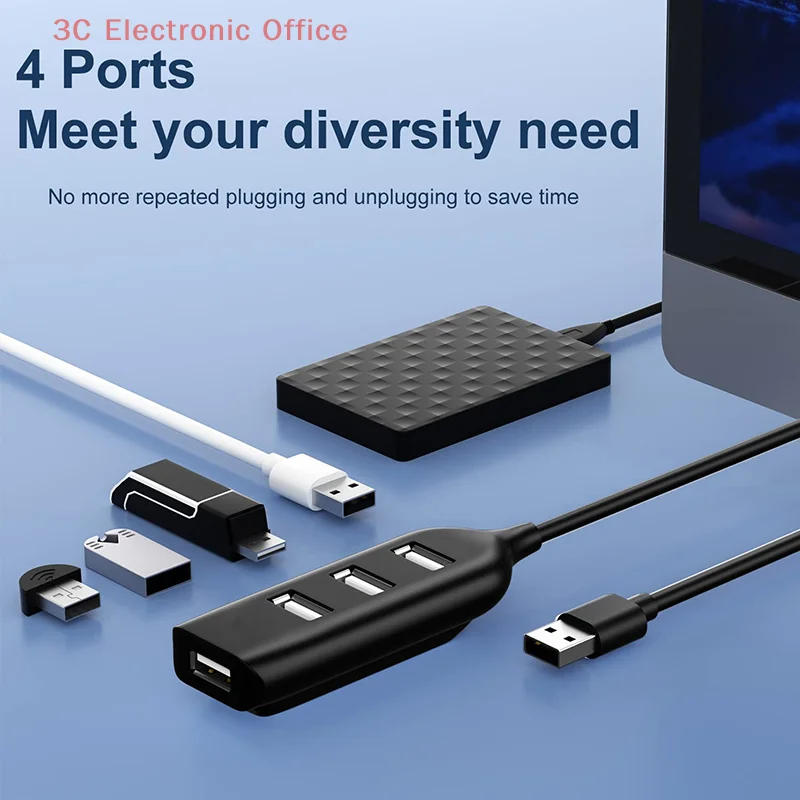 1PCS Universal USB Hub 4-port Cable High-speed Mini Hub Socket Laptop Mode Distributor Cable Adapter