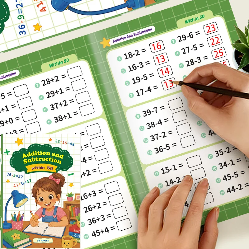Arithmetic Exercise Book for Addition and Subtraction Within 50, 32 Pages Math Oral Calculation English Arithmetic Problem