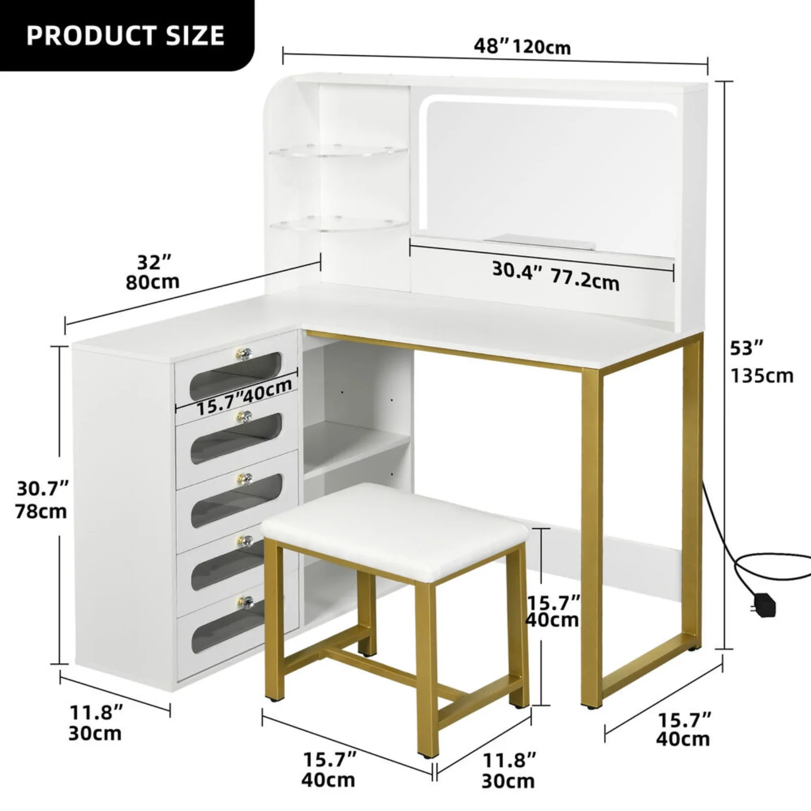 5 Drawers With LED Mirror Makeup Vanity Table Set Bedroom Dressing Dresser Desk United States