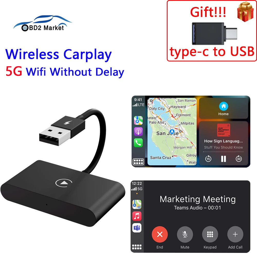 

Wireless CarPlay Adapter for IOS Auto Convert Wired CarPlay to Wireless Dongle Plug USB/Type-C To Wireless WiFi Bluetooth AI Box