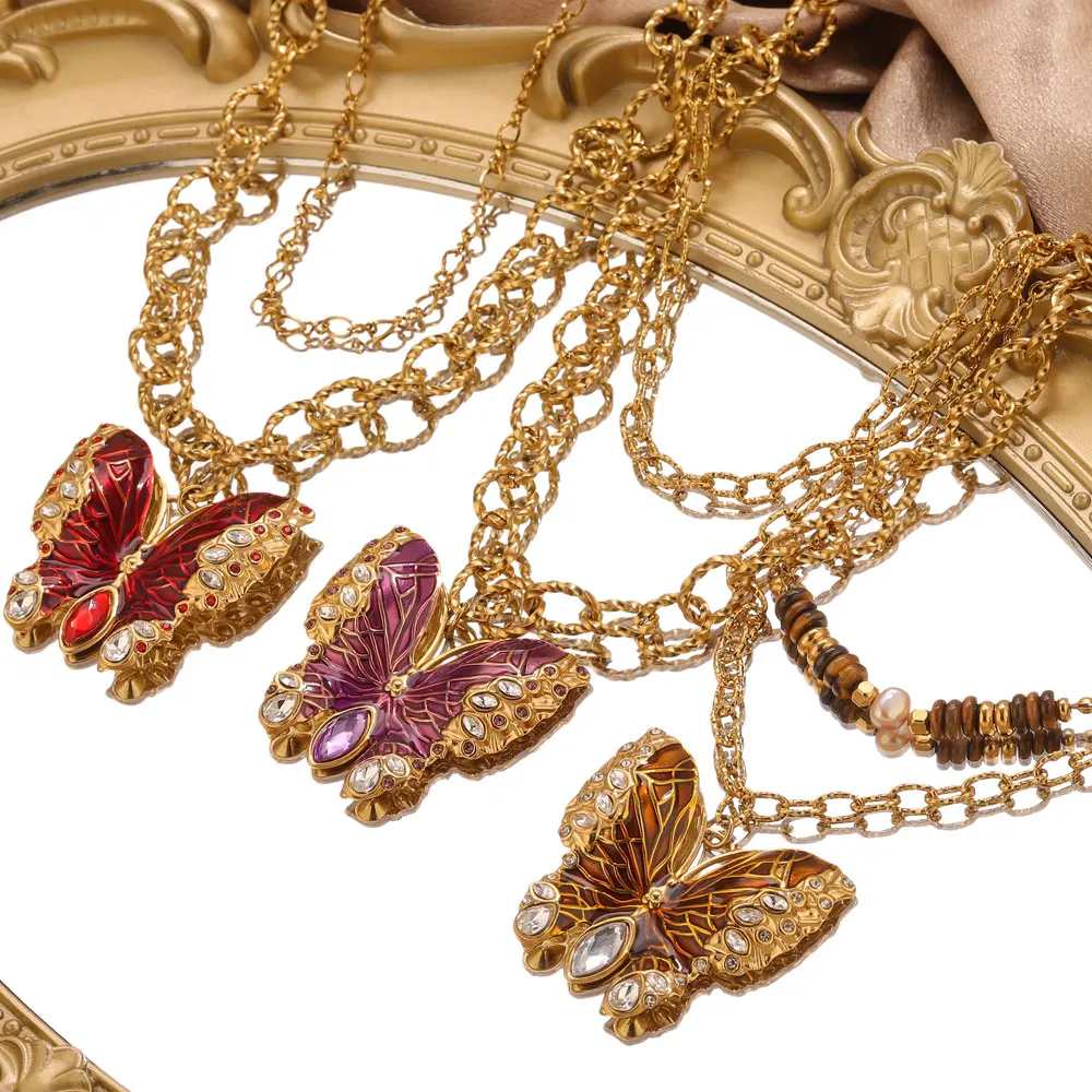 

GIOIO Stainless Steel Vintage Butterfly Pendant Necklaces For Women Original Design Luxury Zircon Necklace Women Boho Jewelry