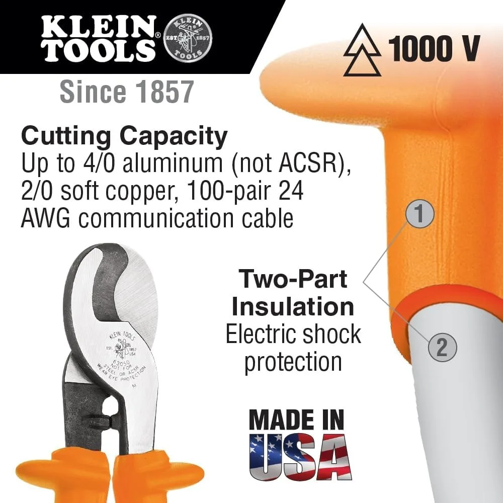 Klein Tools 63050-INS: قاطع كابلات معزول أمريكيًا لقص الألومنيوم والنحاس بيد واحدة