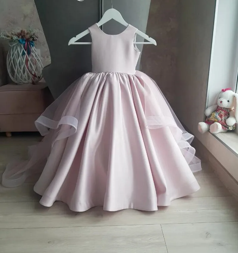 Dusty Rose Flower Girl Dress Satin Baby Dress First Birthday Dress Baby Wedding Dress Toddler Gown with Detachable Train