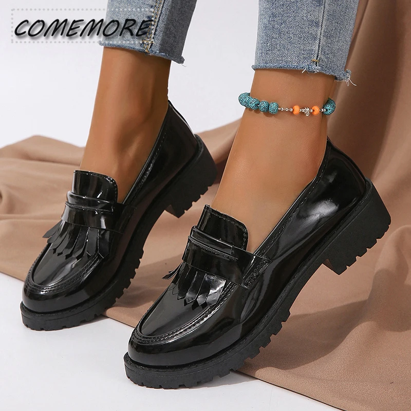 Black Patent Leather Platform Loafers Women Fashion Tassels Shallow Flats Shoes Woman British Style Middle Heels Office Shoes 42