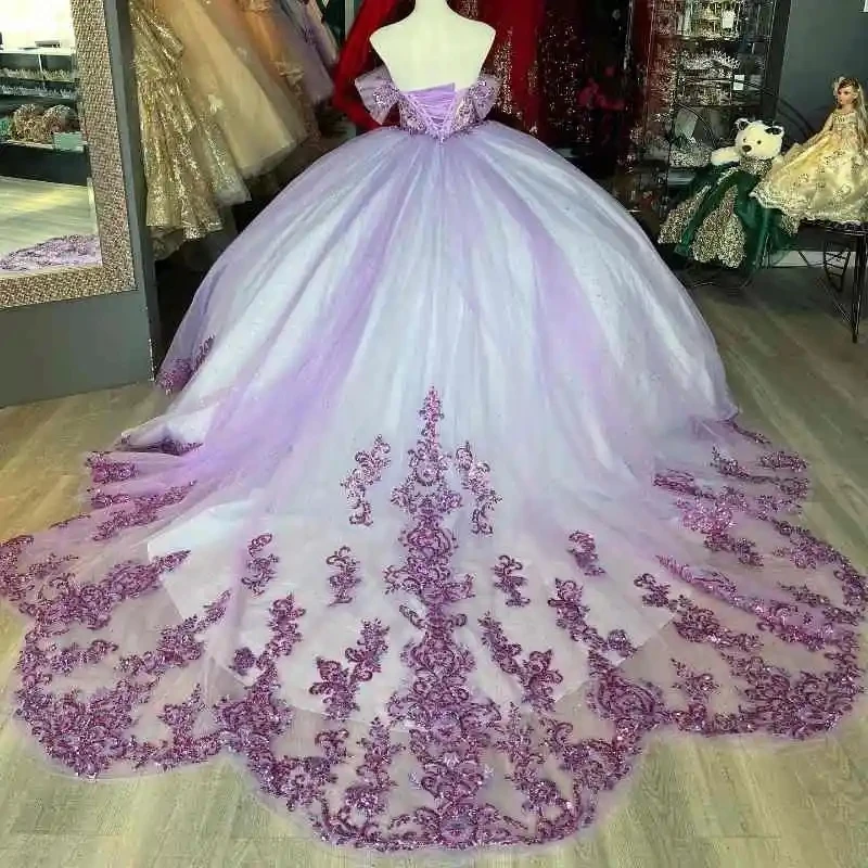 فستان Quinceanera الأرجواني الفاتح للفتيات ، فستان حفلة سندريلا ، زينة الأميرة المكسيكية ، عيد ميلاد 16 حلو ، 15 سنة ، لامع