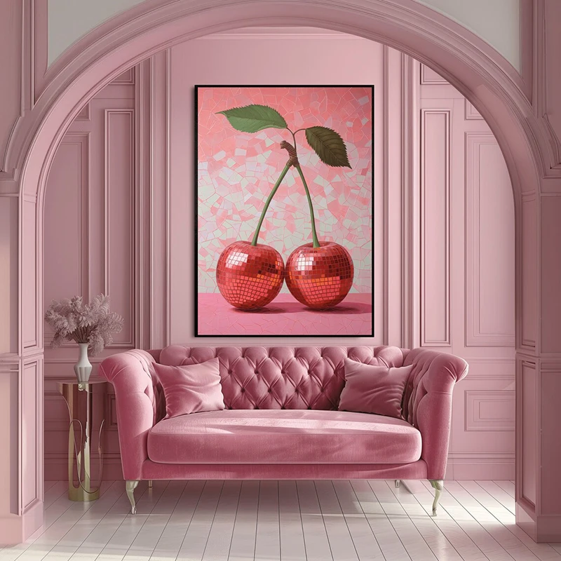 Disco Cherry Poster Printing Disco Ball Heads Retro Fun Wall Art Surreal Art Canvas Paintings Picture for Living Room Home Decor