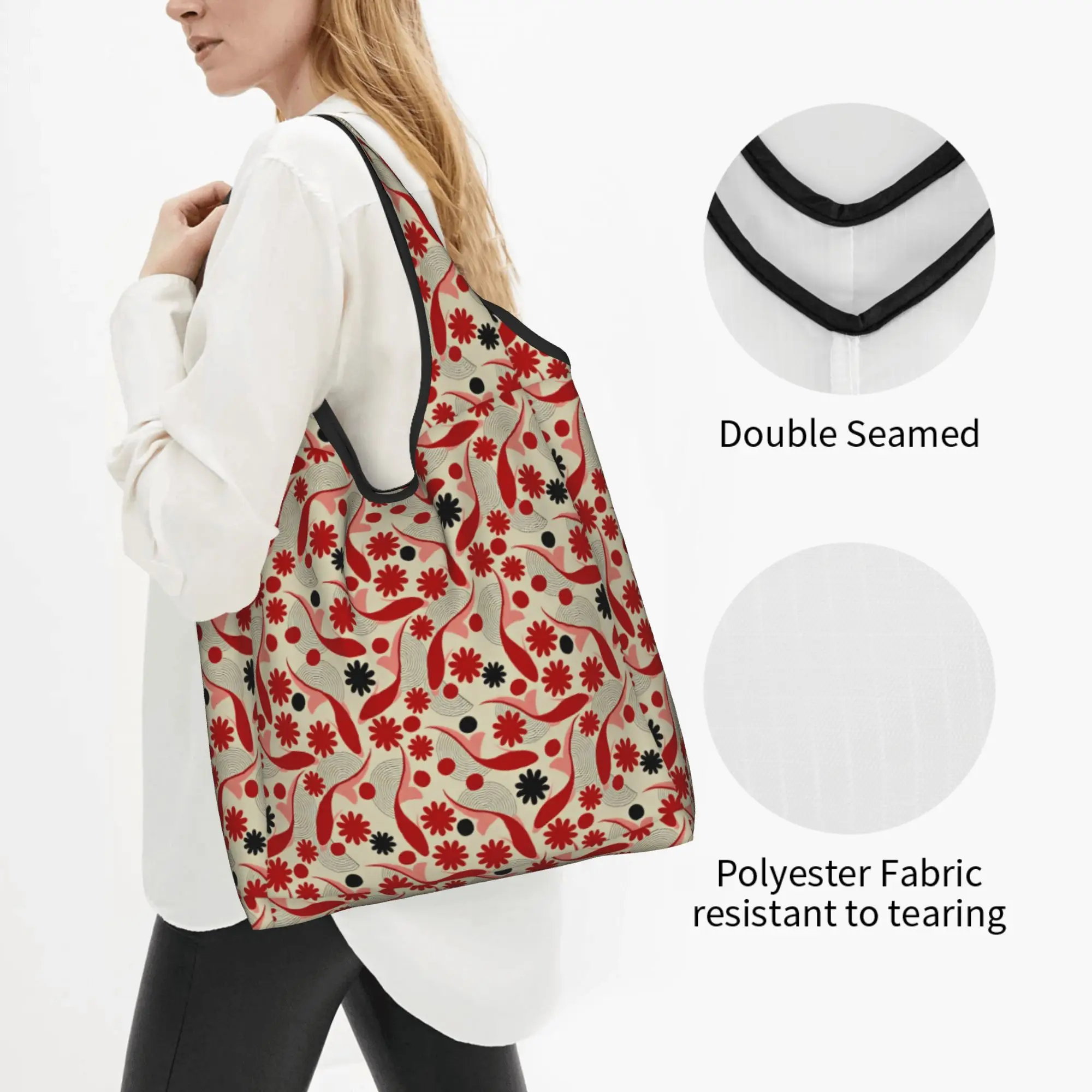Cute Printed Geometry Wave Lines Abstract Koi Fish Lines Shopping Tote Bag Shopper Shoulder Chrysanthemum Motifs Handbag