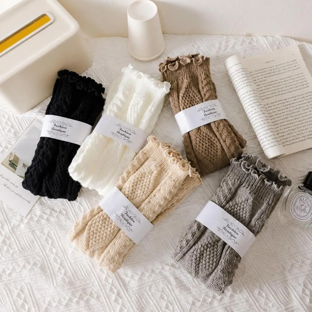 Cute Knitted Knee Socks Vertical Stripe Stacked Knee Sleeves Solid Color Crochet Design Leg Cover Winter Season