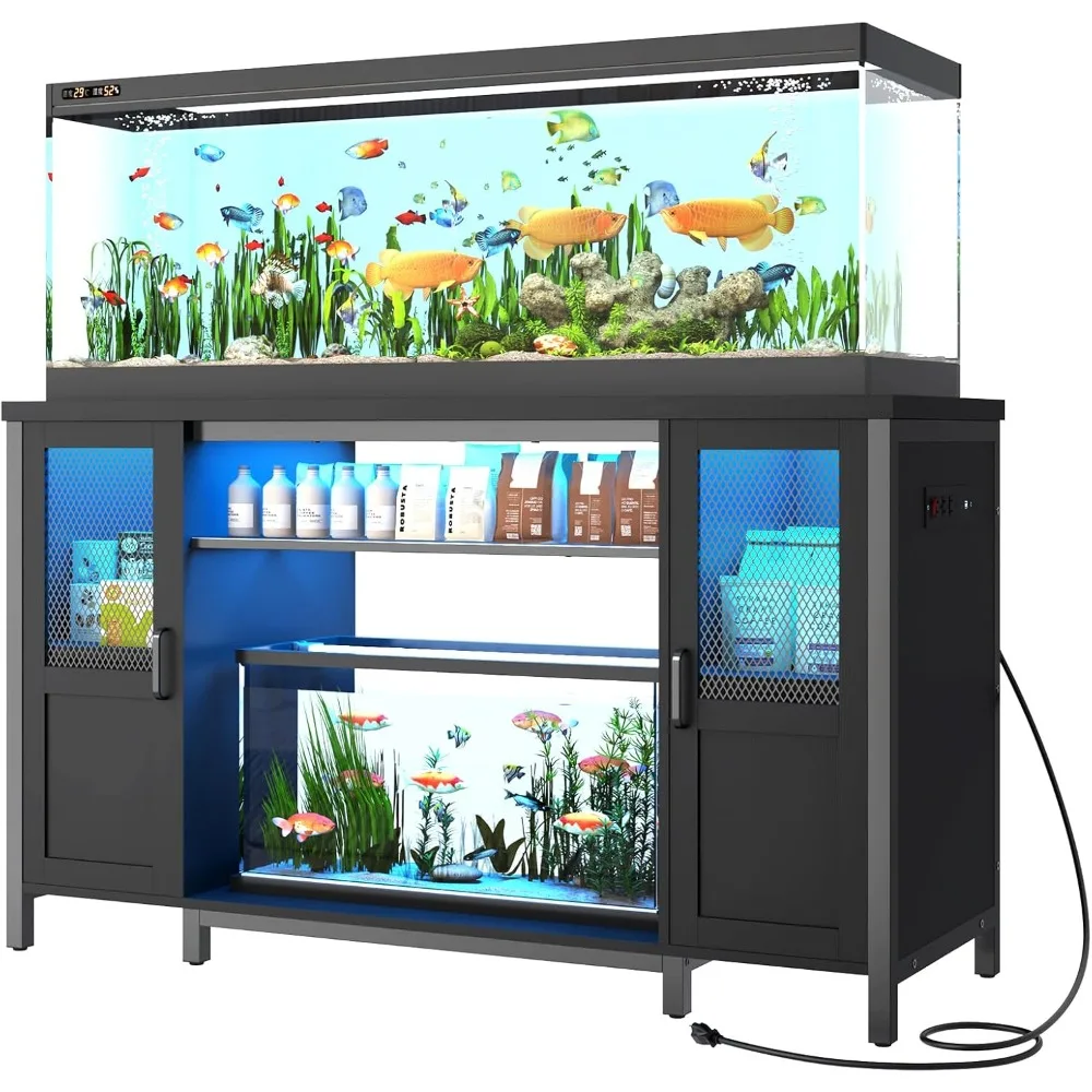 Fish Tanks Fish Tank Rack with Power Socket and LED Light, Heavy-duty Metal Aquarium Rack, Can Store 2 Fish Tank Accessories