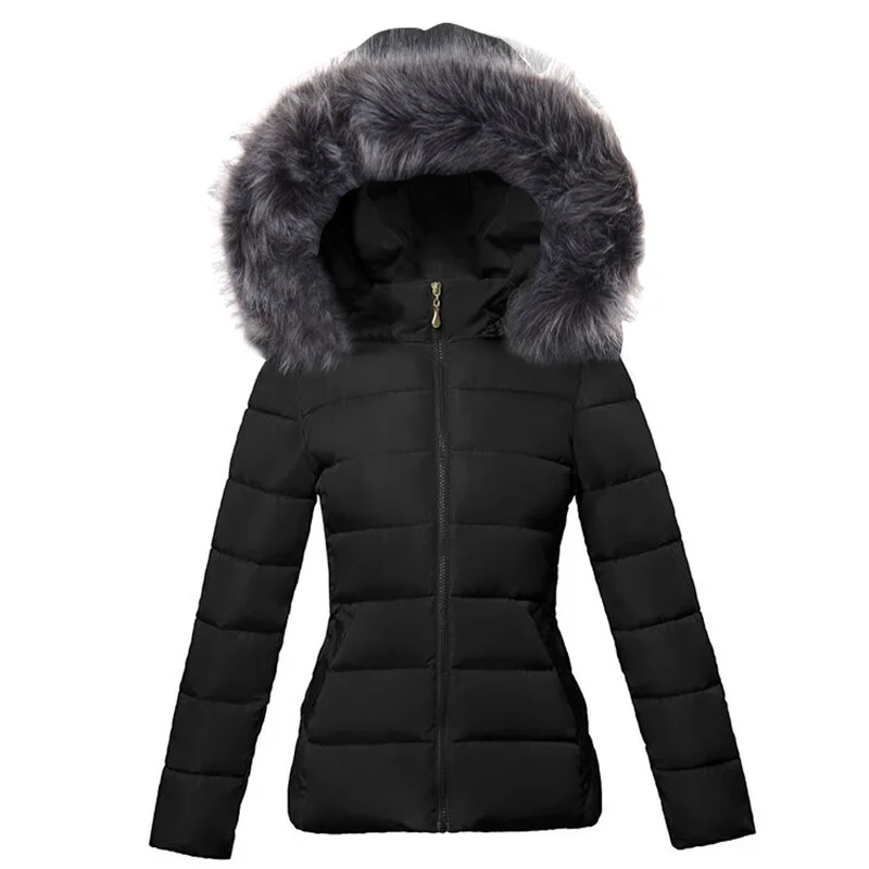 Fashion Black Women\'s Winter Jacket Big Fur Hooded Thick Down Parkas Female Short Jacket Warm Winter Coat for Woman 2023 New