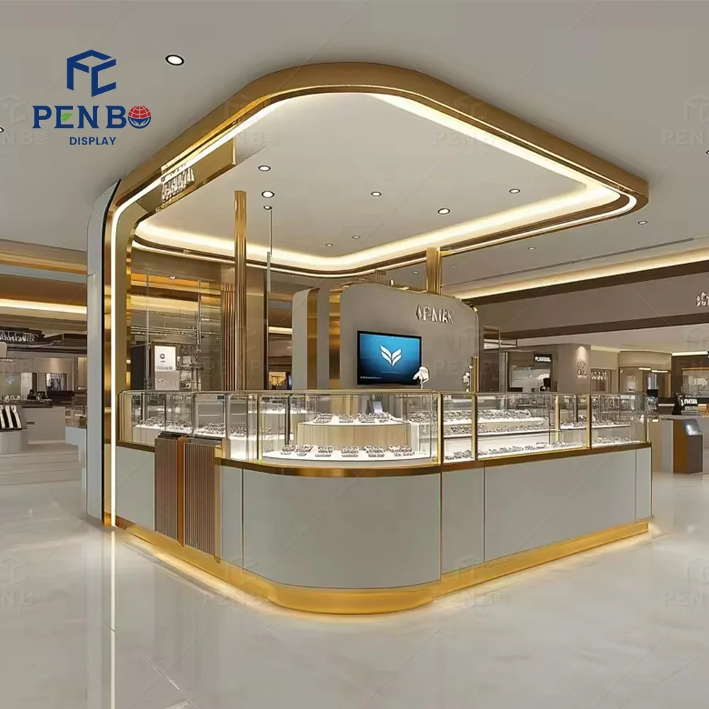 Luxo moderno vitrine de jóias armário mdf madeira vidro temperado led luz exibição de jóias mesa vitrine de jóias douradas