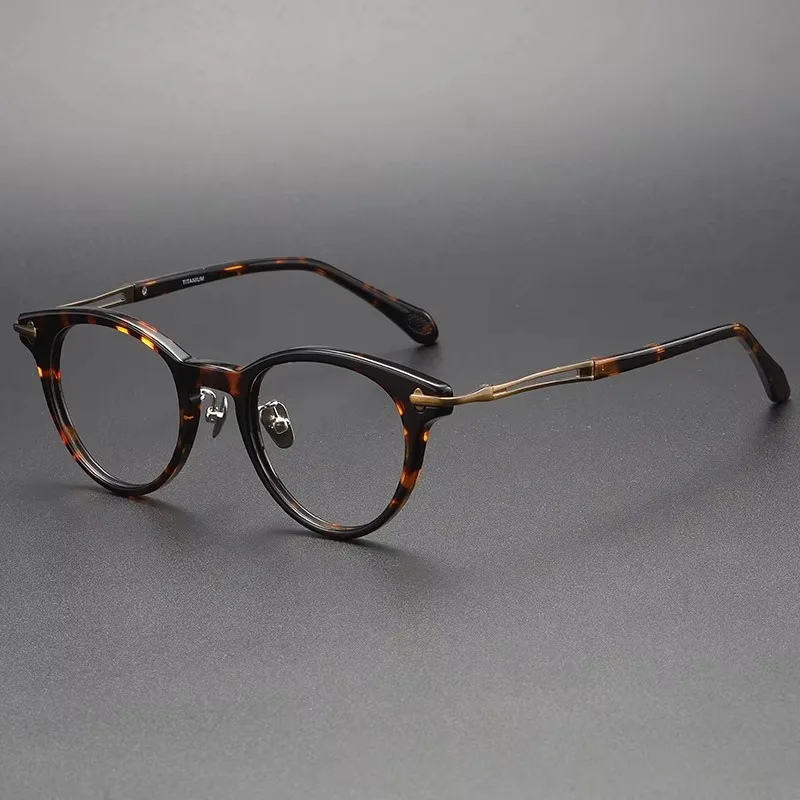 レトロ猫メガネ女性コンピュータフレーム日本製手作りアセテート大男性用オーバルチタン抗青色近視眼鏡