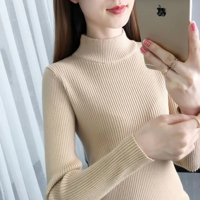 Autumn Winter Half High Neck New Style with Inner Pullovers Long Sleeves Women's Clothing Slim Fit Tight Short Style Y2K Weaters