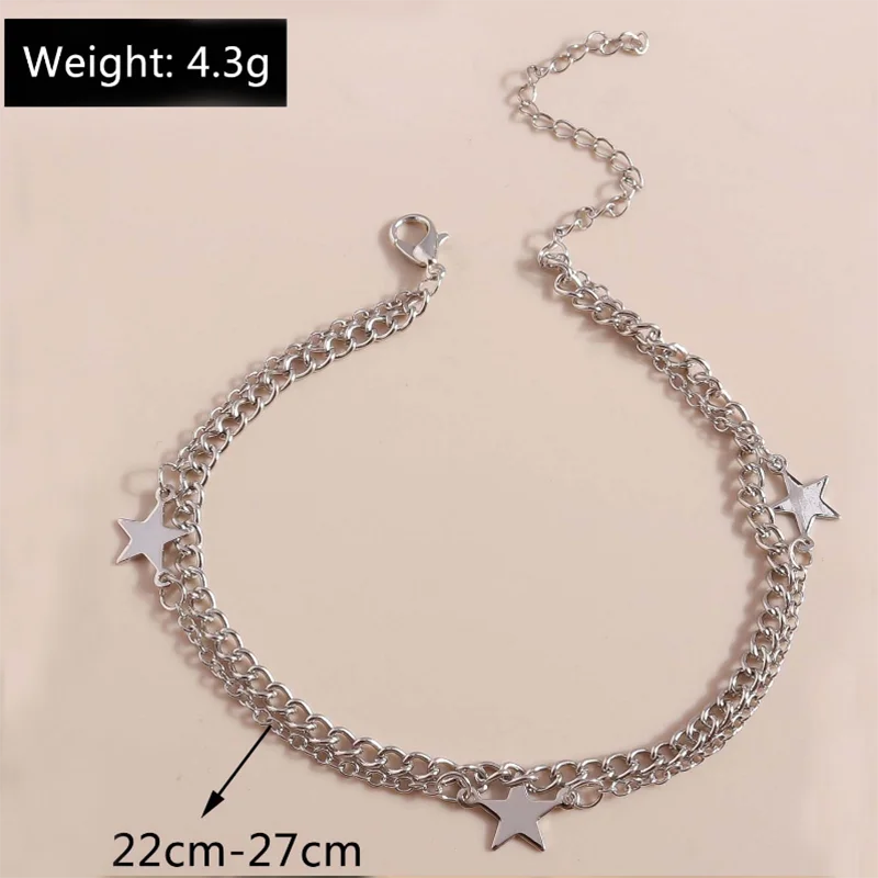 Aihua, schlichte, doppellagige Fußkettchen mit Pentagramm-Motiv für Damen, im Vintage-Stil, silberfarben, als Fußschmuck, Strandaccessoire, Sommeraccessoire. – Detail 5