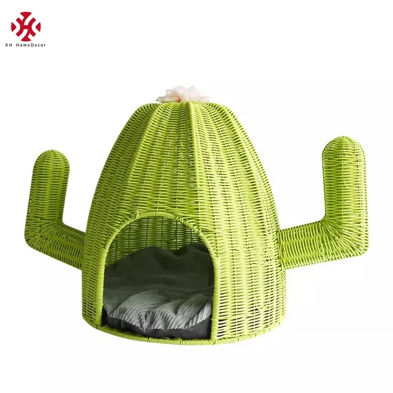 XH Novelty Plastic Rattan Resin Wicker Handmade Woven Dog Furniture Cactus Shape Pet Basket House Cat Bed