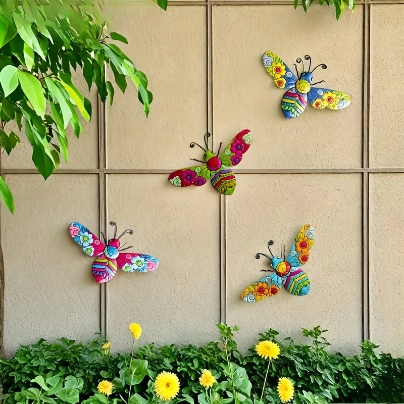 4pcs Acrylic Colorful Bee Wall Decor Rustic Style Garden Ornament Contrast Color Outdoor Yard Art