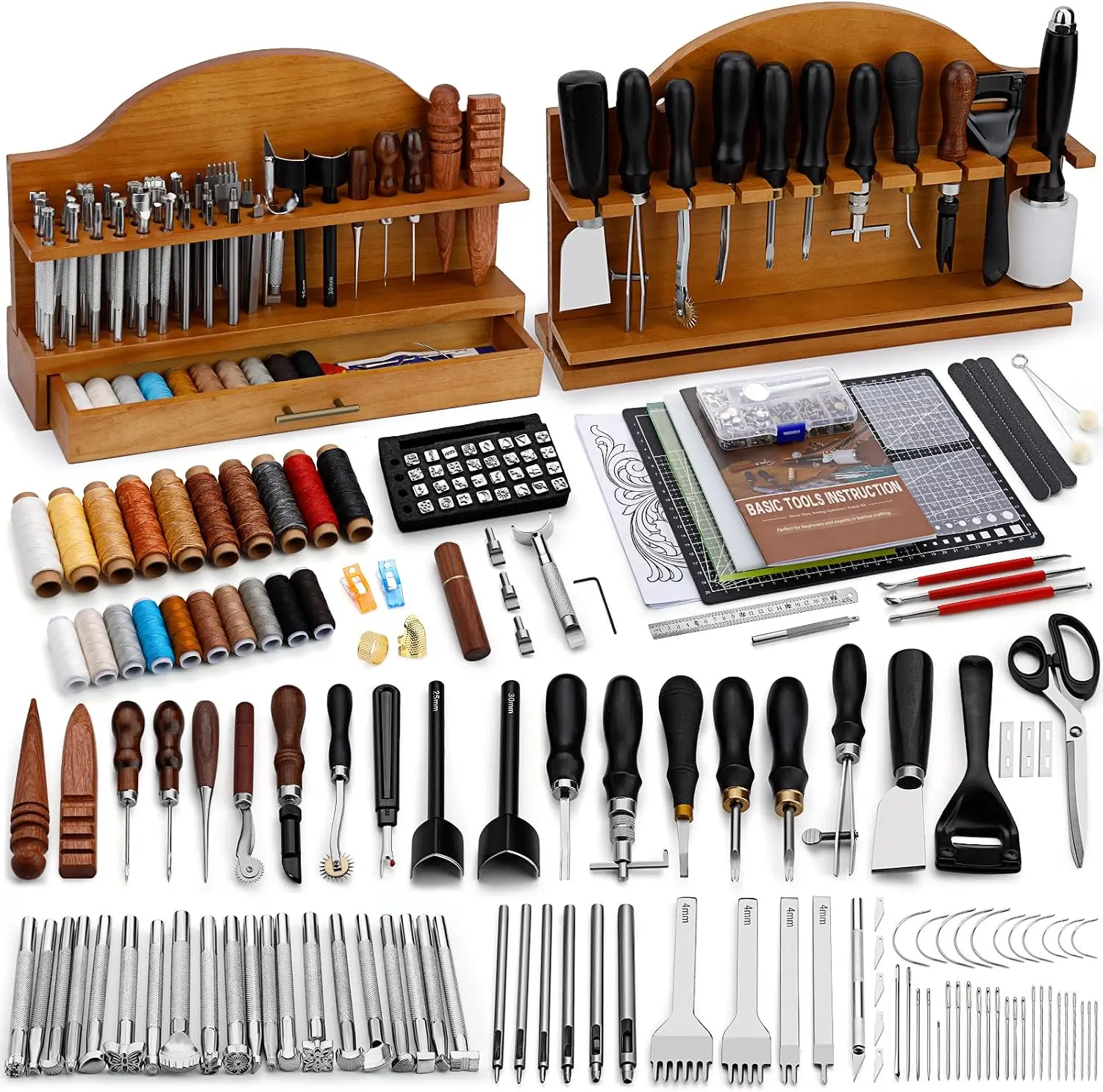 Leather Tools, Leather Crafting Kit with Tool Rack, Working Tools Kit for Adults and Tool Supplies for Carving, Stamping, Engrav