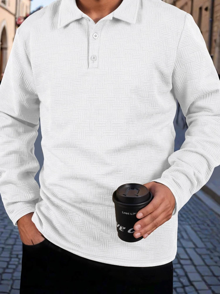 ربيع الخريف موضة الرجال البلوز القمم عادية بلون كم طويل Polos الرجال Vintage زر متابعة بدوره إلى أسفل طوق قمصان بولو