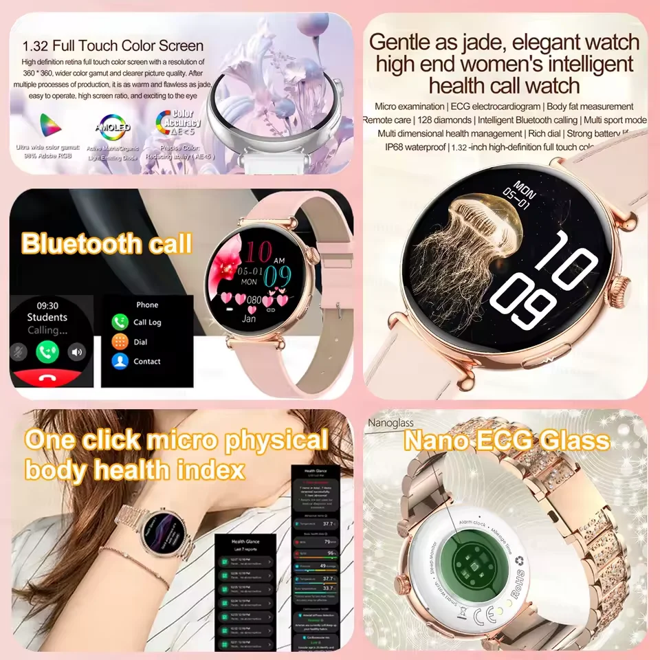 Women ECG Health Smart Watch 1.32'' AMOLED Screen Micro Physical Examination Blood Pressure Health Monitor Bluetooth Call Watch