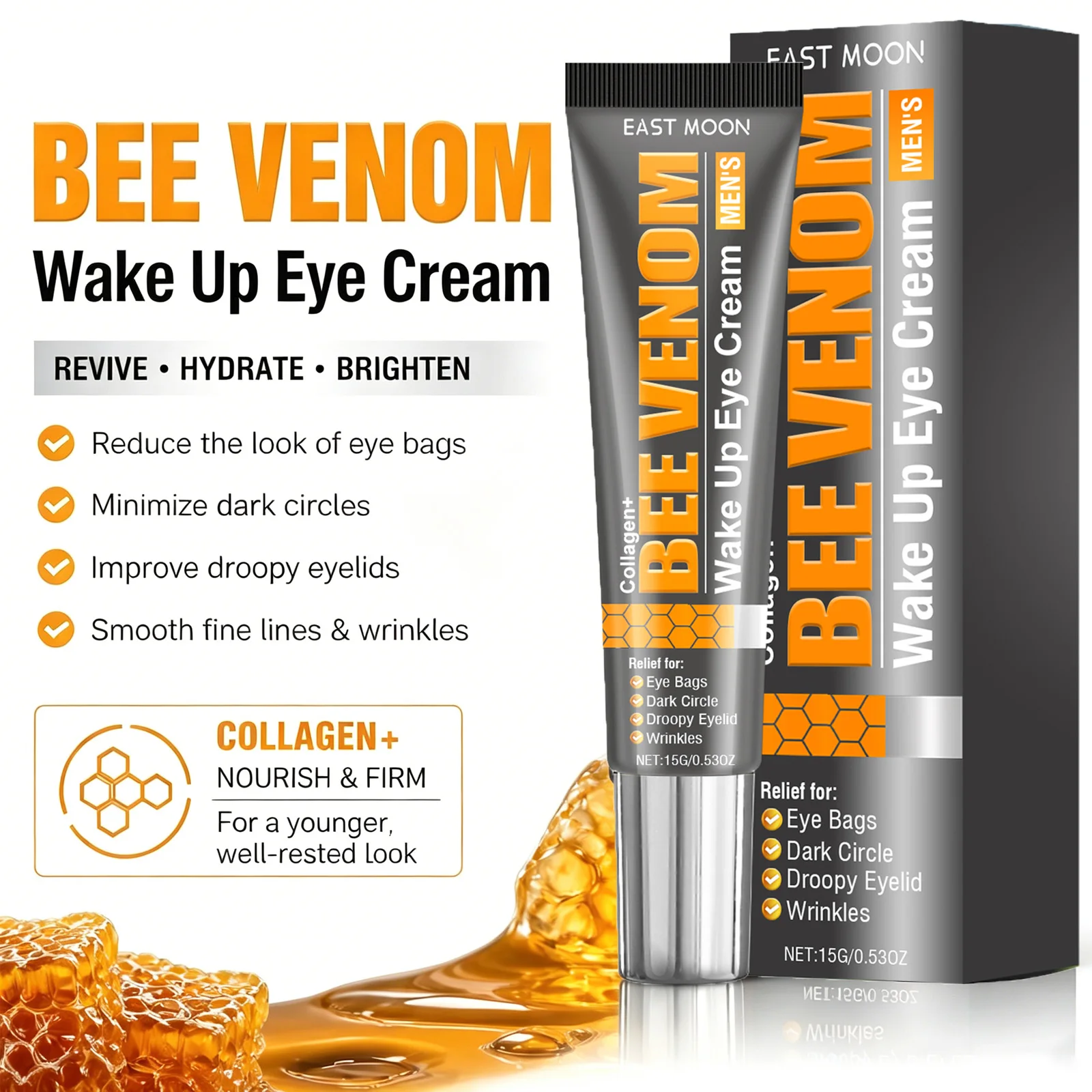 Creme para os Olhos com Veneno de Abelha e Colágeno, Creme Revitalizante para os Olhos, Reduz Olheiras, Bolsas e Inchaço, Antirrugas, Firmador, Cuidado para a Área dos Olhos