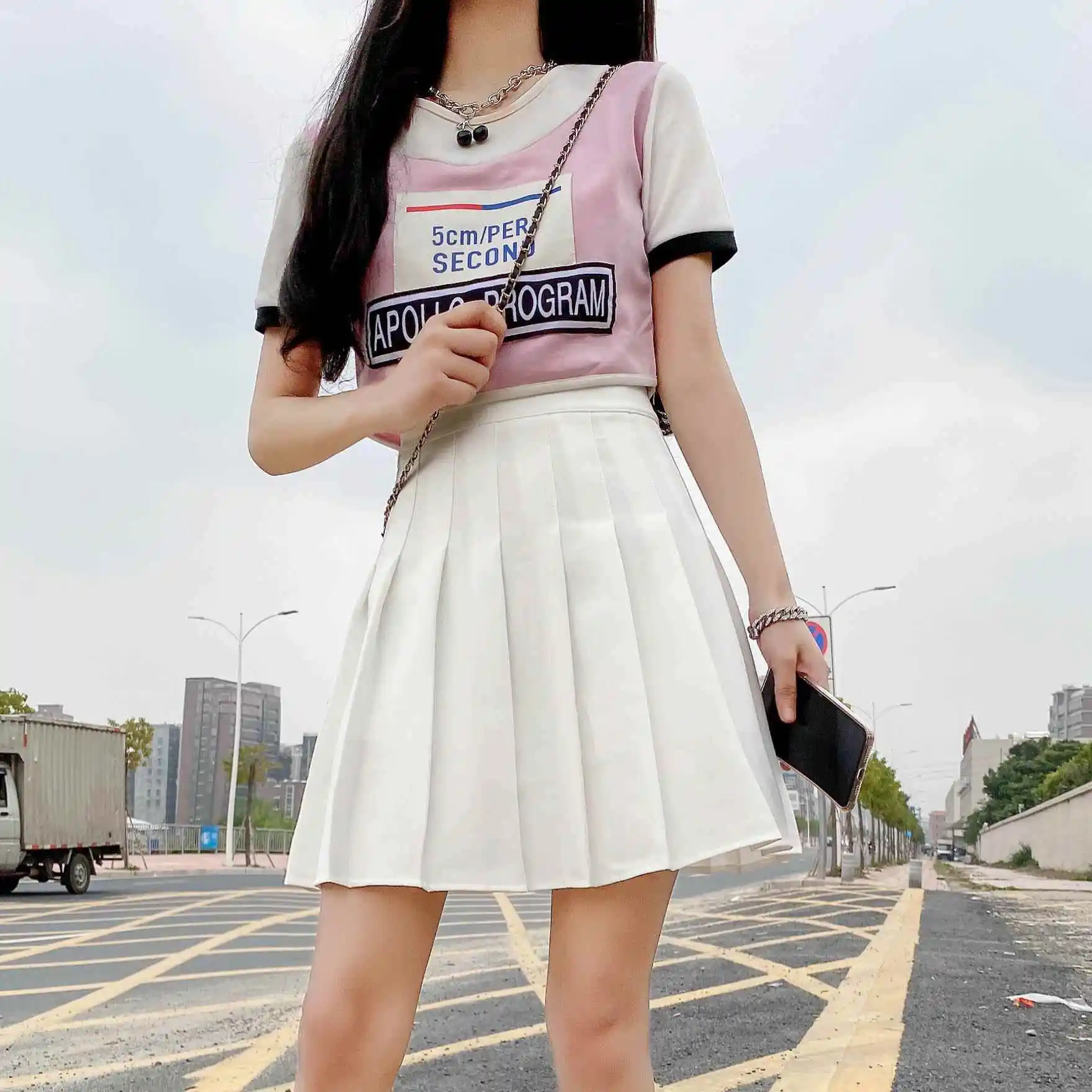 

White A-Line Pleated Skirt High Waist Versatile Women's Skirt Spring Autumn College Sle Slimming All-Match f Skirt