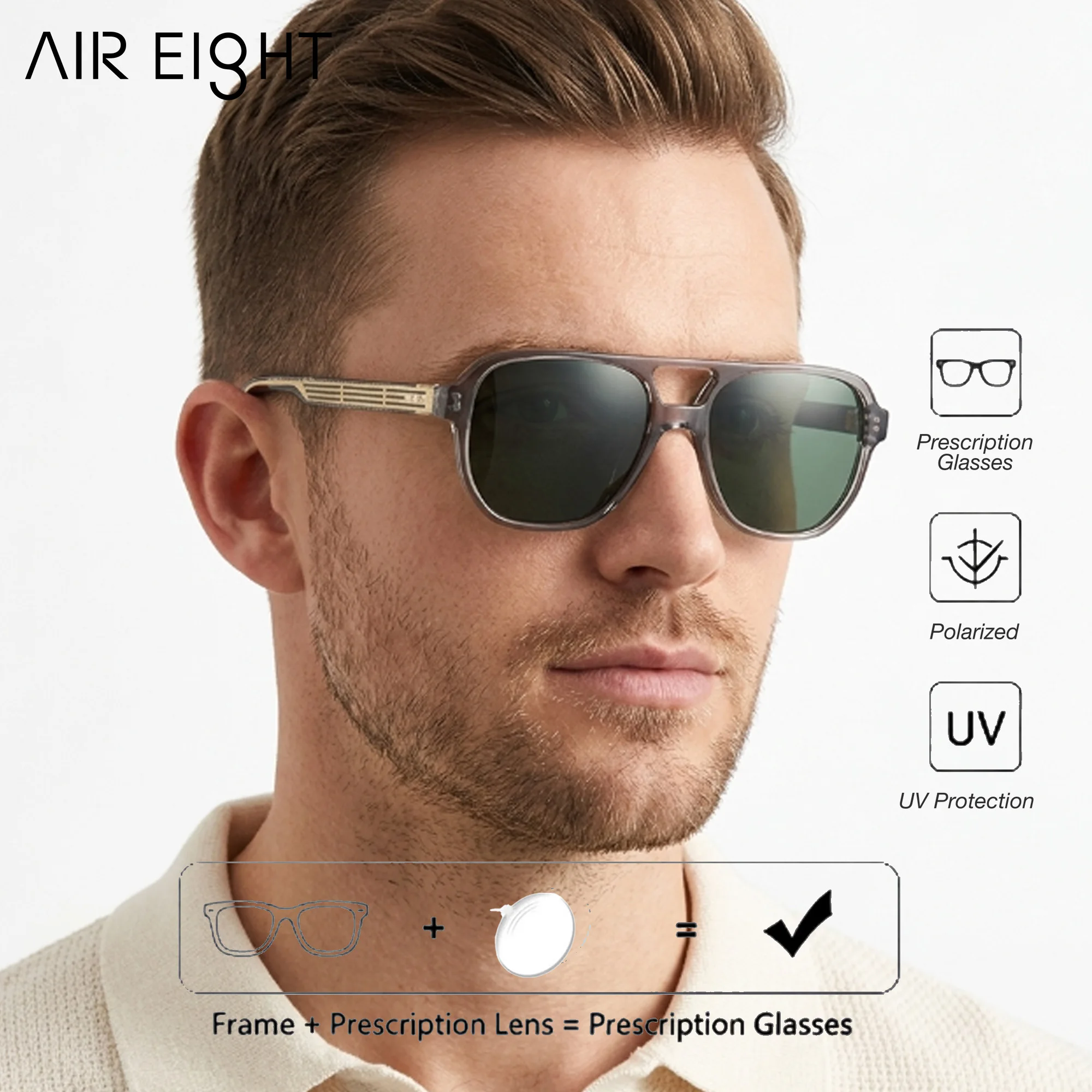 AIR EIGHT L Size Square Acetate For Men Prescription Sun Glasses Polarized UV400 Progressive Lenses Outdoor Eyeglasses