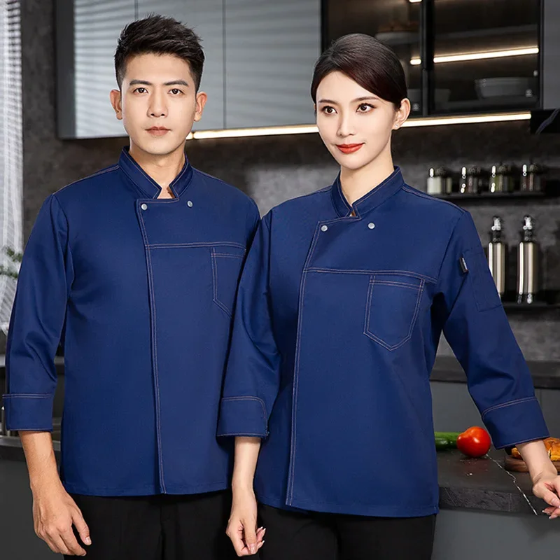 Unisex Chef Jacket Long Sleeve Kitchen Cook Coat Waiter Waitress Uniform Tops Restaurant Kitchen Work Wear