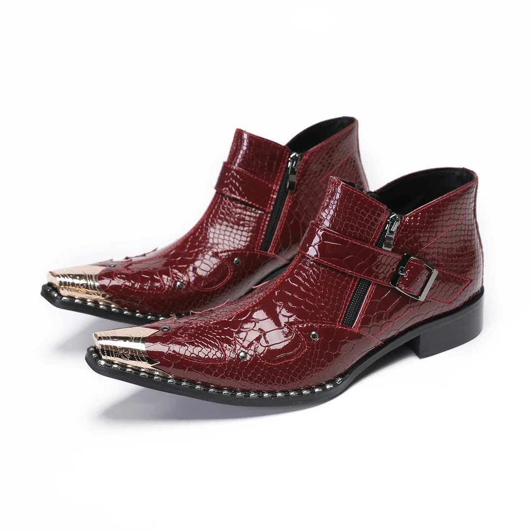 Red Pointed Toe Genuine Leather Men Ankle Boots Night Club Party Business Dress Shoes Male Buckle Strap Motorcycle Short Boots