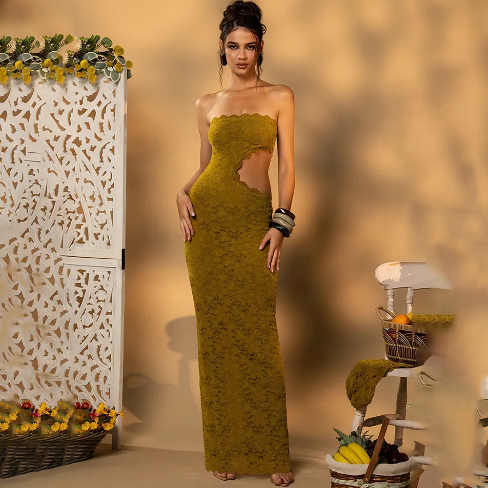 Robe à bandes en dentelle, Sexy, découpée sur le côté, Bustier, avec fente haute sur les cuisses, élégante, moulante, mi-longue, nouvelle collection 2025