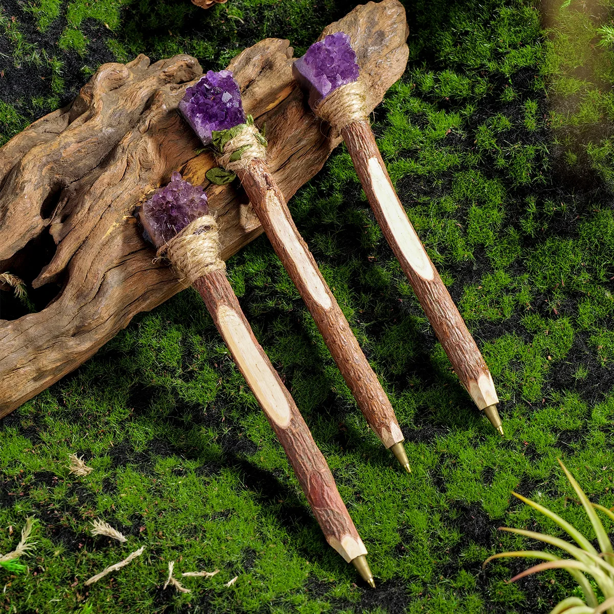1pc Natural Amethyst Cluster Wooden Ballpoint Pen, Creative Retro Signature Pen, Crystal Scepter Magic Pen