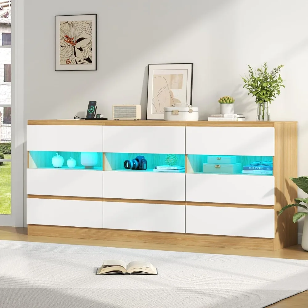 

63" Wide 9-Drawer Dresser with Charging Station & LED Lights, TV Stand for TVs up to 75", Deep Storage with 3 Cubbies,Wooden Dr