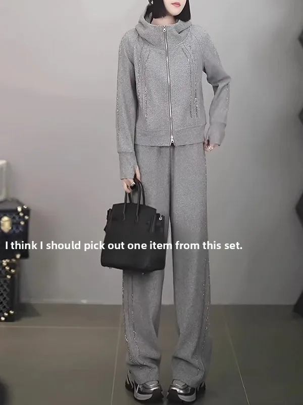

Casual Sportswear Set for Women Gray Hoodie And Wide Leg Pants Two Piece Suite Anti Aging Trendy Autumn Collection