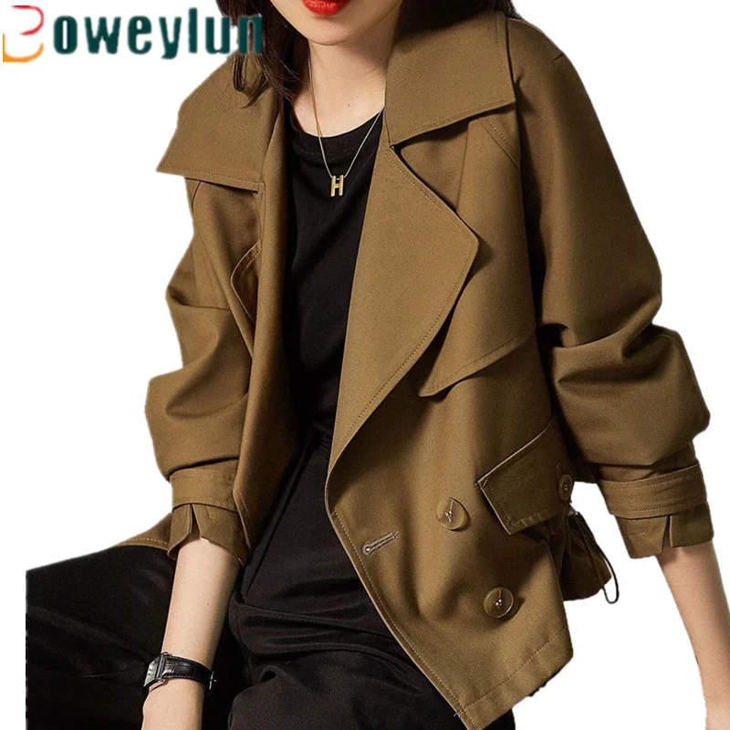 

Boweylun New England Retro Short Windbreaker Jacket Female Spring and Autumn Button Pockets Solid Color Outerwear Tops Women