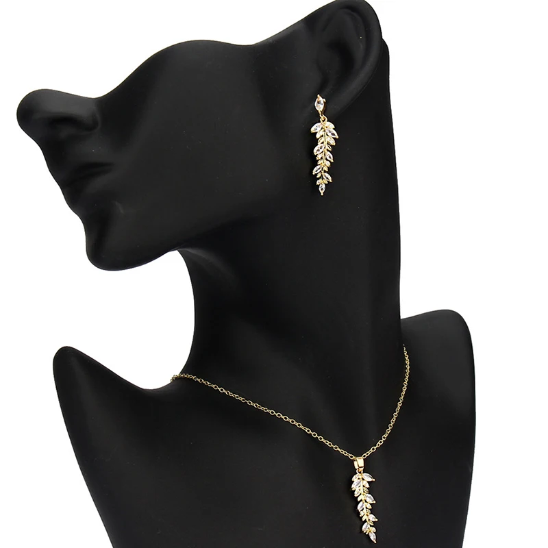 Fashion Gold Color Leaves Jewelry Set for Women Zirconia Dangle Drop Earring and Necklace Elegant Korean Crystal Wedding Jewelry