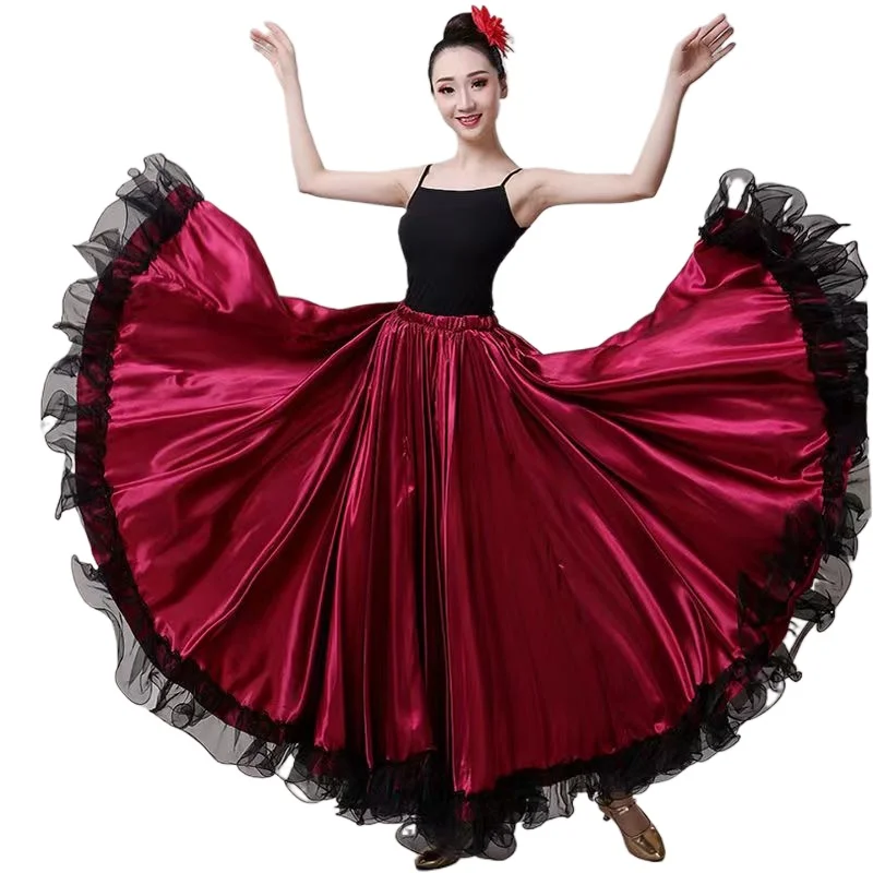 Jupe de flamenco en satin de polyester pour femme, grande balançoire lisse pour femme gitane, fête de carnaval, salle de Rh, olympiques de danse du ventre, robe espagnole, nouveau