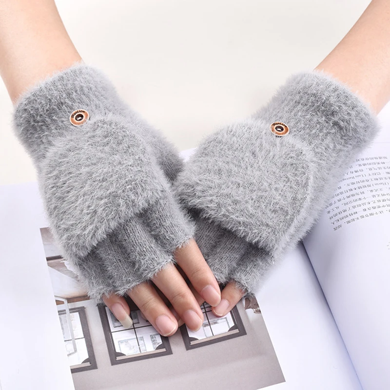 

Winter Women Imitation Mink Flip Cover Gloves Cycling Warm Short Mittens Students Plush Half-finger Knitted Solid Color Gloves