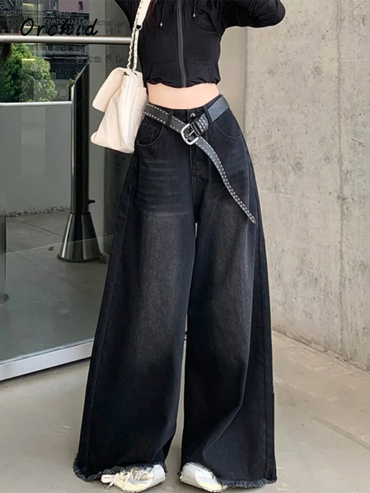 

American Retro High Waist Oversized Tassels Jeans For Women Y2K Casual Baggy Pocket Pants Wide Leg Grunge Solid Denim Trouser