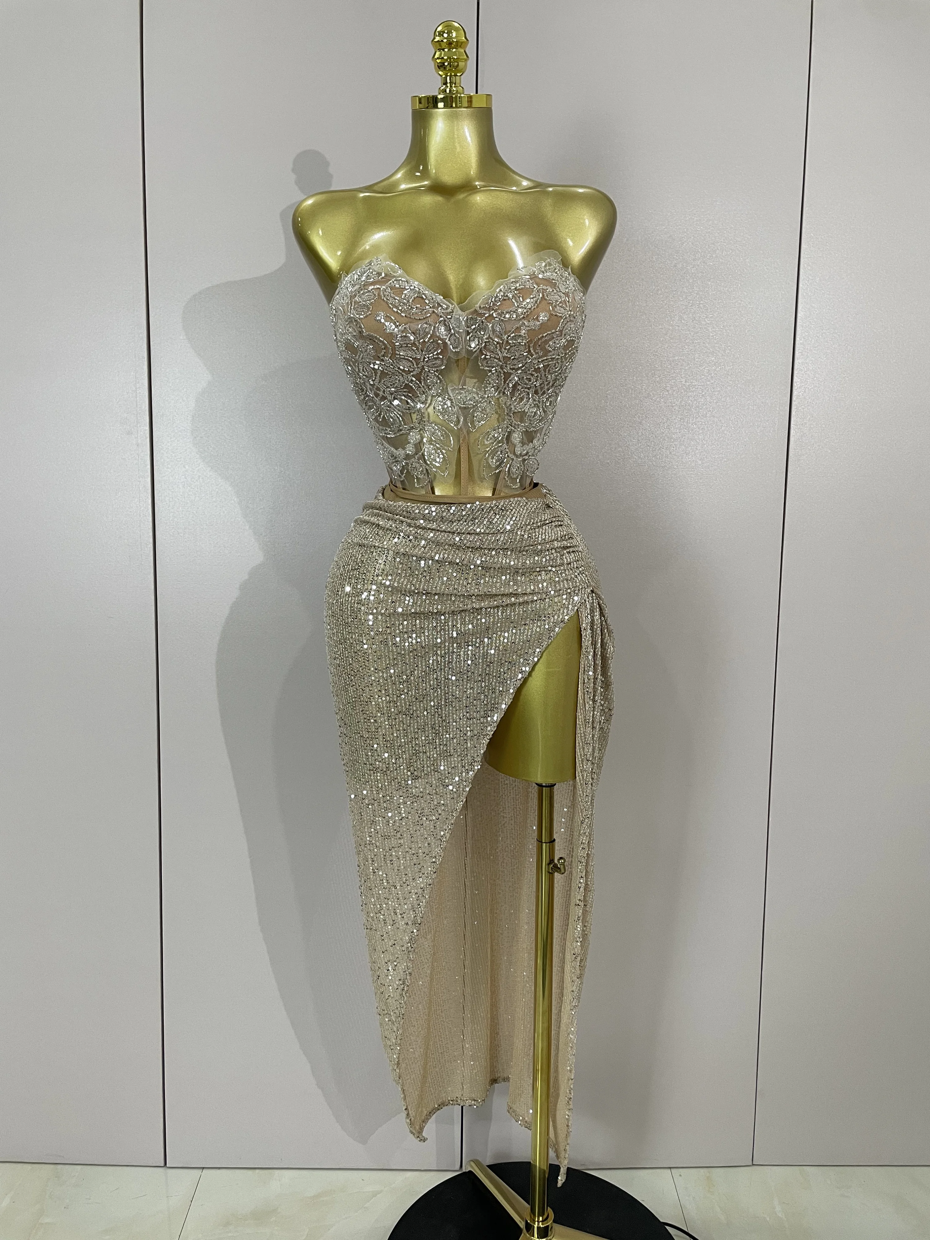Sparkly Sequin Beading Sexy Strapless Two Pieces Set Women Evening Celebrate Nightclub Party Luxury Birthday Dress Stage Costume