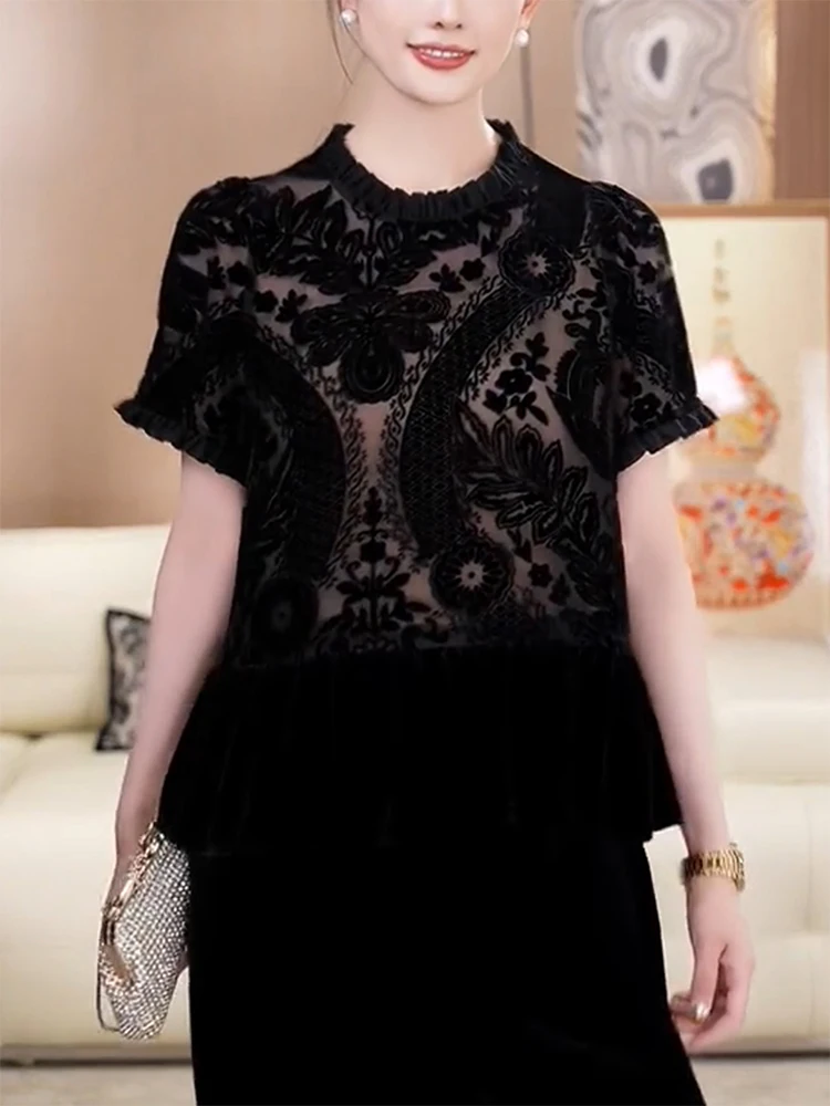 

Summer 2025 plus Size Women's Lace Me See-tough Burned Flower round Ne ort Sve irt Loose Fit Commute Sle ...