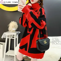 High Collar Red Sweater Women's Mid Length Autumn/Winter 2023 New Loose Korean Version Age Reducing Elegant Women's Coat