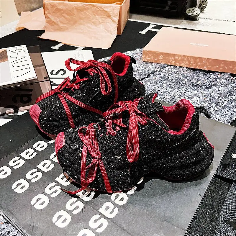 2025 Women\'s Ins Super Fire Rhinestone Full Diamond Straps Casual Burgundy Niche Design Handsome Platform Sneakers Dad Shoes