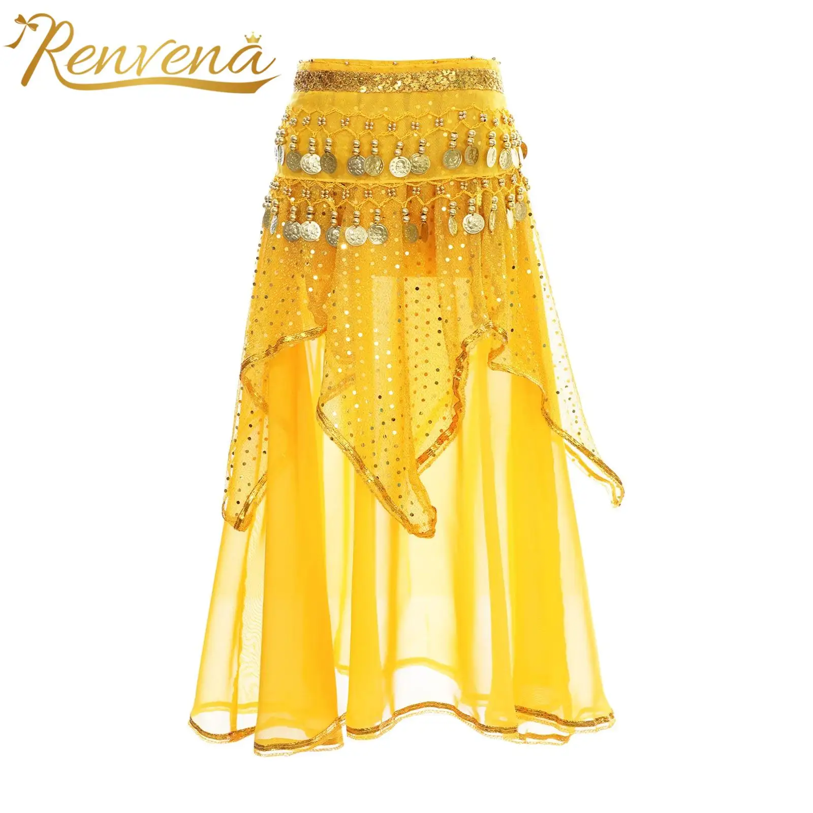 Kids Girls Tassel Sequins Dots Belly Dance Skirt with Beads Hip Scarf Dancewear Halloween Theme Party Stage Performance Costumes