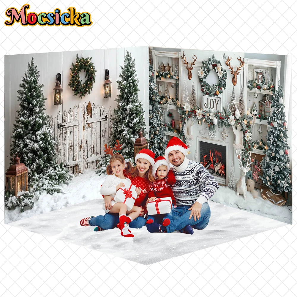 

Mocsicka New Year Party Backdrop Winter Snow Fireplace Decorations Wallpaper Family Christmas Tree Background Photography Banner