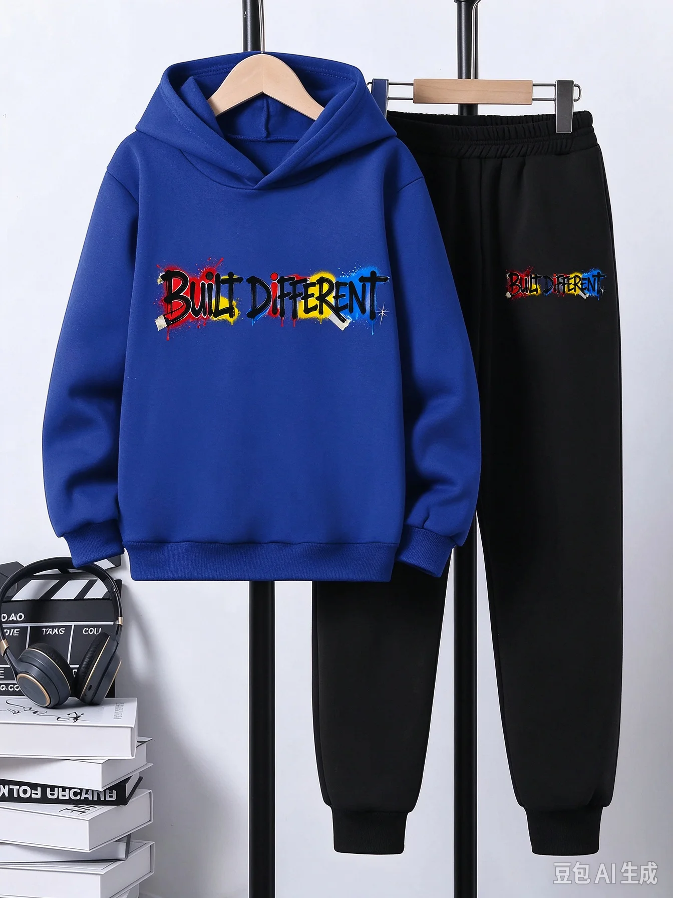 Fashionable boy hoodie and pants set with unique colored letter print, perfect for outdoor sports