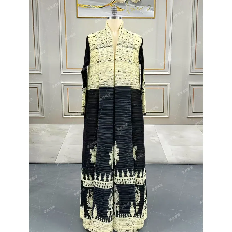 아바야 미야케 플리츠 롱 트렌치 코트 2025 가을 신상품 사우디아라비아 패션 플리츠 프린트 가디건 재킷 여성 의류