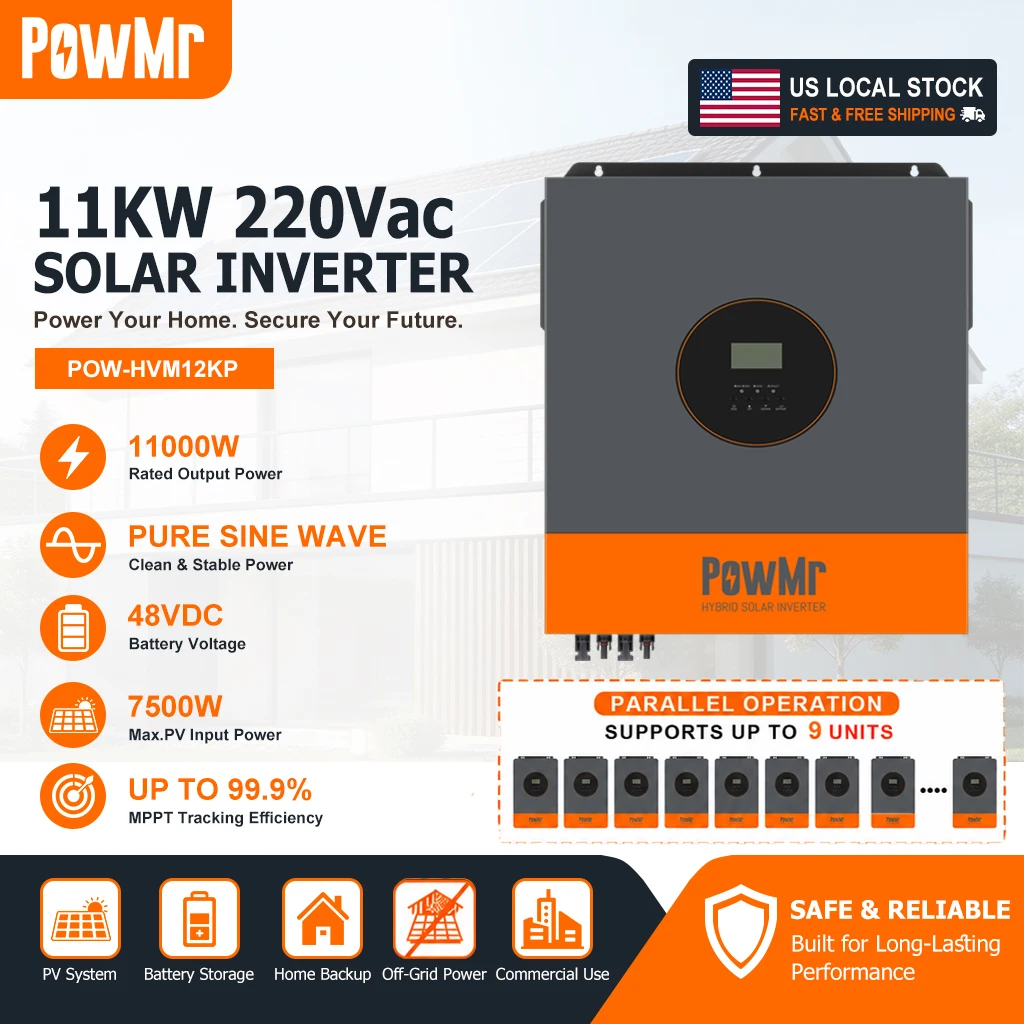 PowMr 11KW 220VAC Pure Sine Wave Solar Inverter Dual MPPT Parallel Capability Up to 9 Units Multi Battery Compatibility Max 15000W 500V PV Input Unit for Residential Backup Power System
