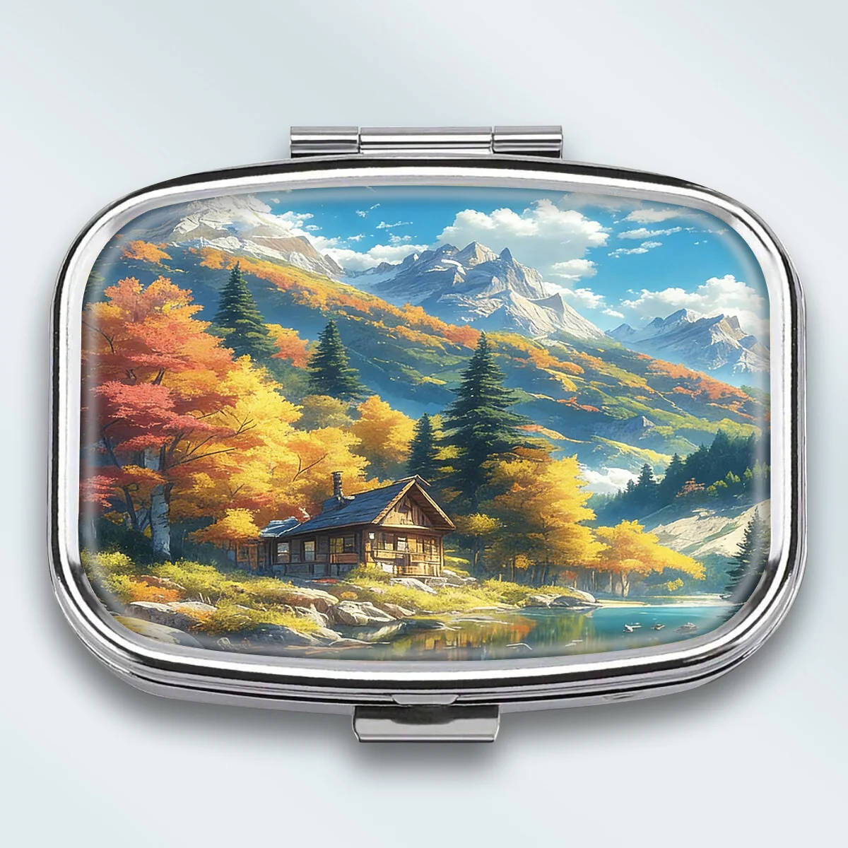 A Small, Double-Layered, Square Metal Pill Box, Designed with Inspiration from a Small Cabin in the Autumn Forest Portable Decorative Vitamin Storage Box, Easy to Carry. A Unique Gift That Can Be Placed in Your Pocket or Purse. Metal Matchbox